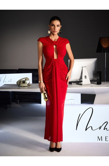 Drosyne Cutout Ruched Draped Maxi Dress In Red