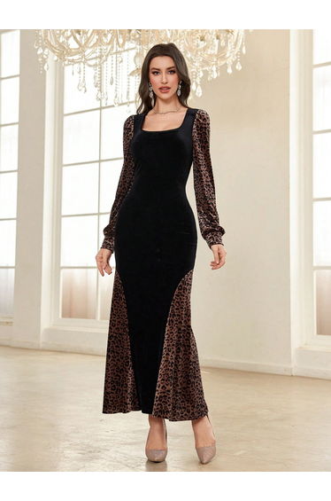 Black Animal Print Bodycon Maxi Dress