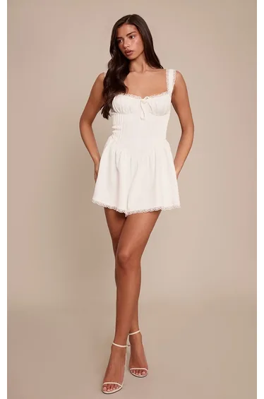 White Woven Lace Detail Strappy Playsuit