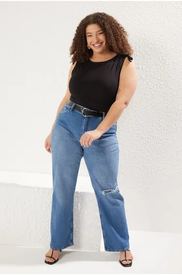 Black Shoulder Gathered Bow Detail Boydcone Knitted Plus Size Blouse