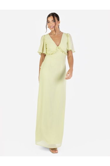 Anaya With Love Recycled Spring Green V Neck Short Flutter Sleeve Maxi Dress with Frill Detail
