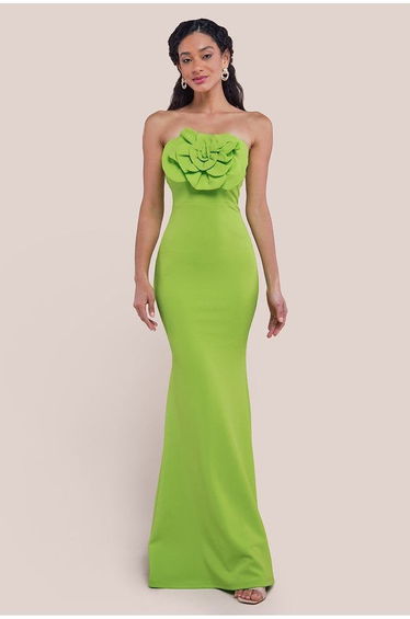Goddiva Scuba Crepe Bandeau Rose Maxi Dress - Lime