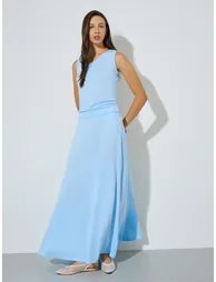 Blue Knit Tank Top and A-Line Maxi Skirts Set - 5