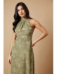 Plain Satin Burnout Halterneck Midi Dress - 1