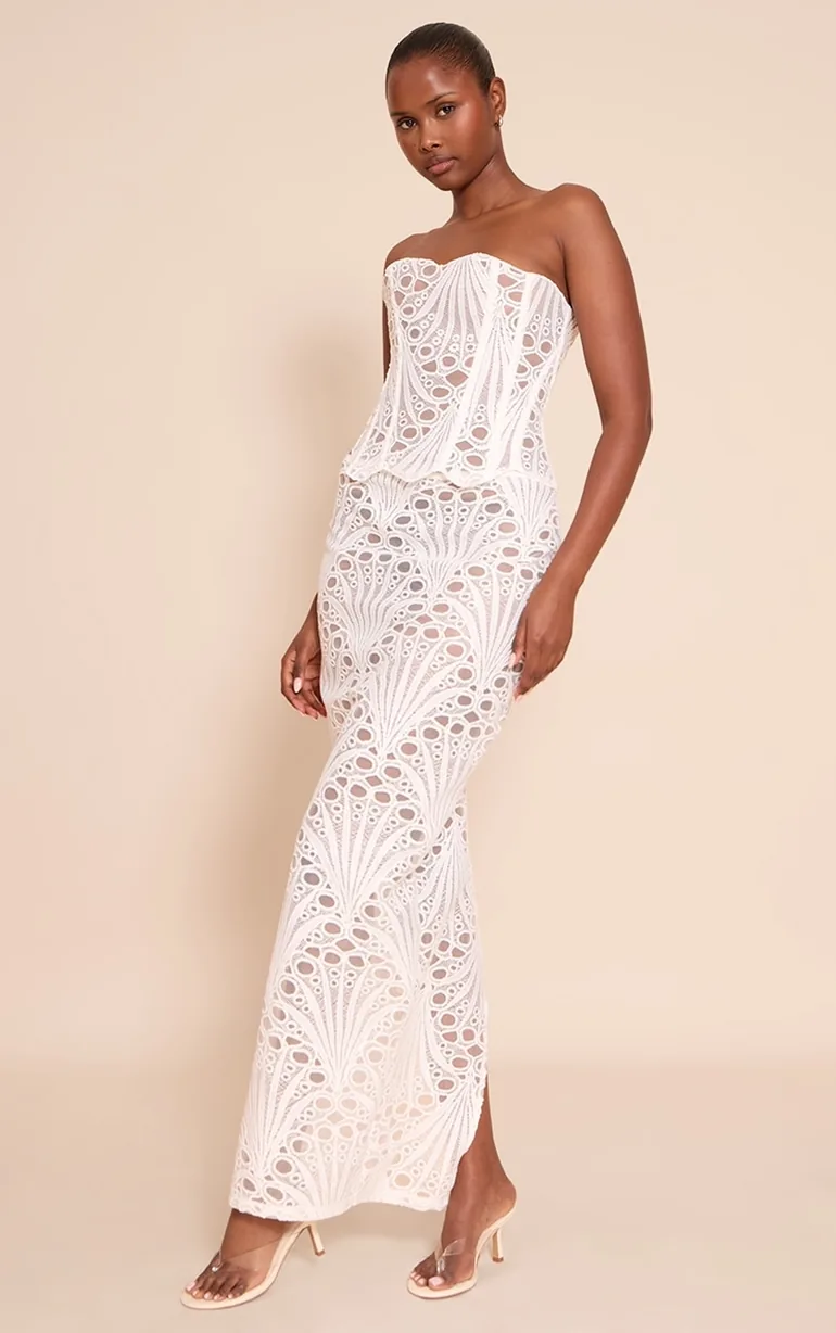 White Textured Floral Lace Maxi Skirt