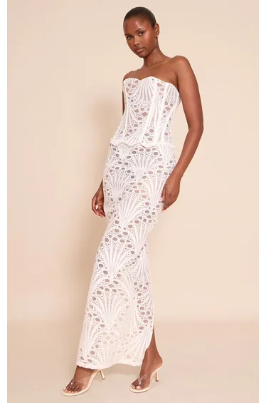 White Textured Floral Lace Maxi Skirt