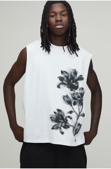 White Oversized Boxy Airbrushed Floral Print Tank - white