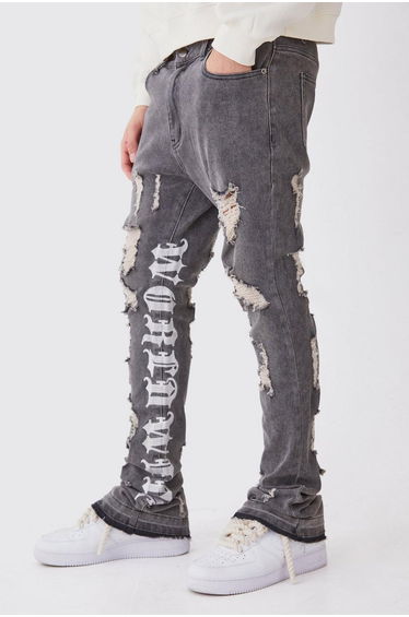 Skinny Stretch Stacked Distressed Embroidered Gusset Jeans - washed black