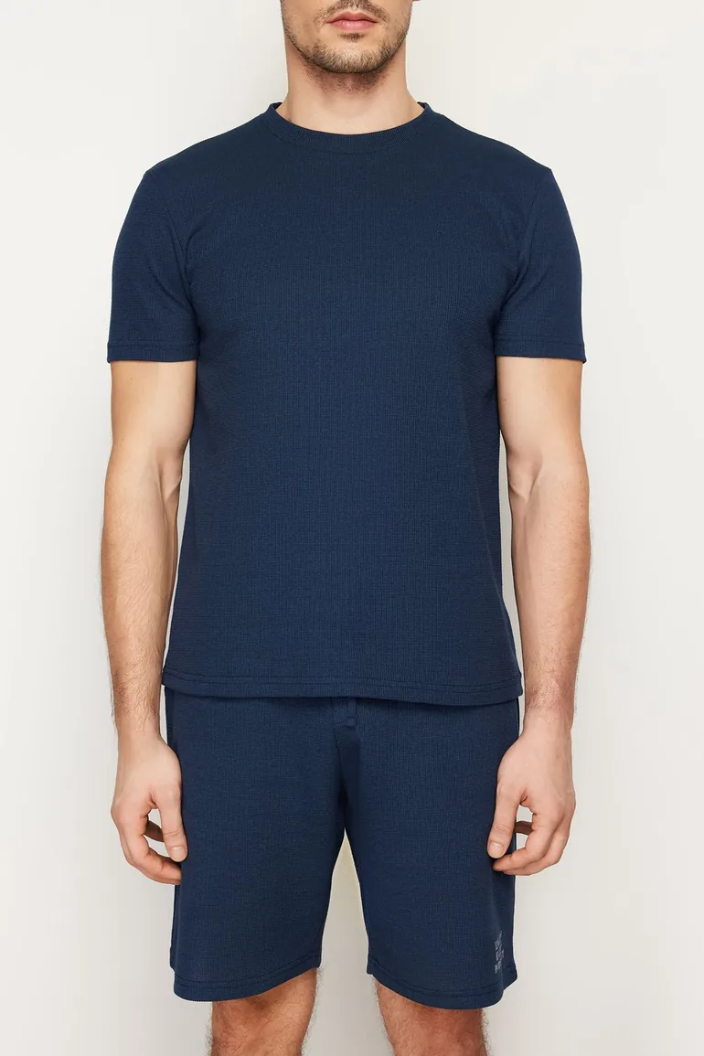 Men's Navy Blue Regular Fit Textured Knitted Pajama Set - 3