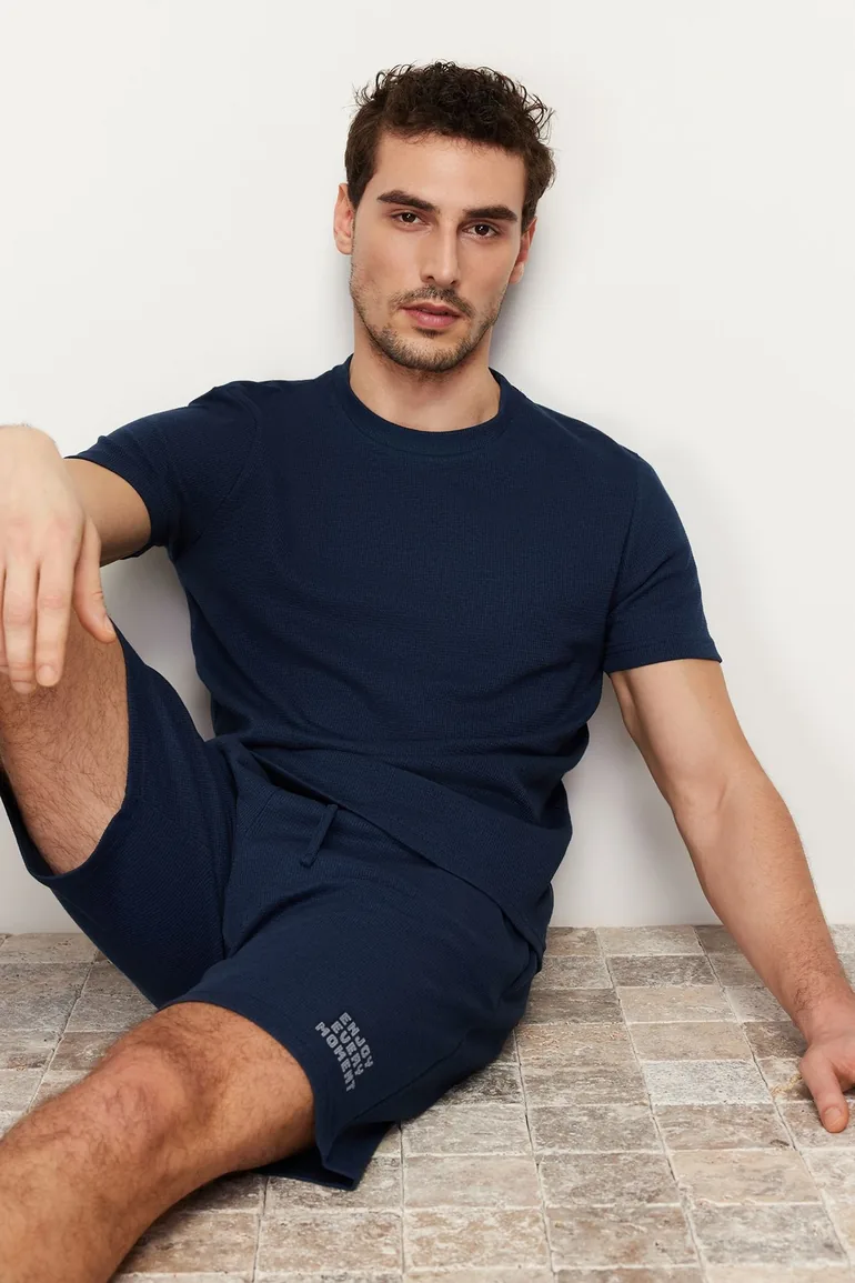 Men's Navy Blue Regular Fit Textured Knitted Pajama Set - 1