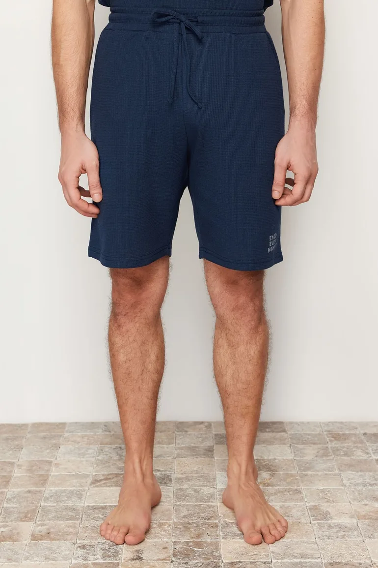 Men's Navy Blue Regular Fit Textured Knitted Pajama Set - 5