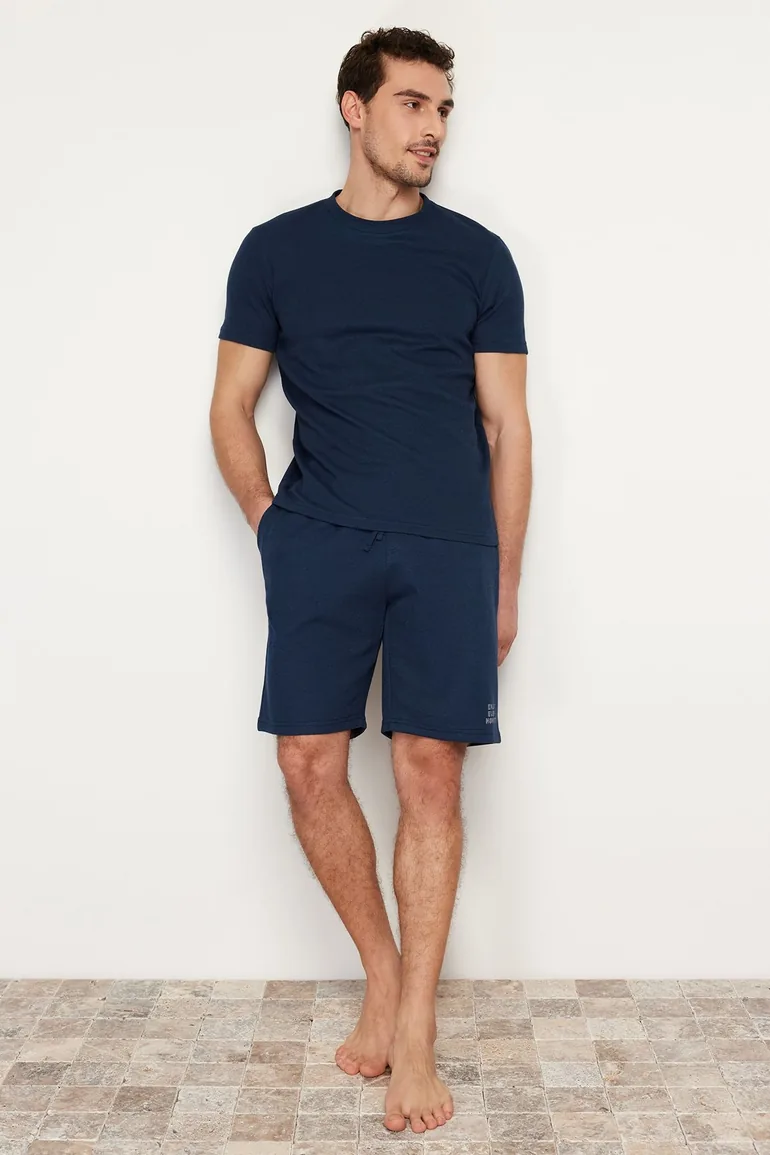 Men's Navy Blue Regular Fit Textured Knitted Pajama Set