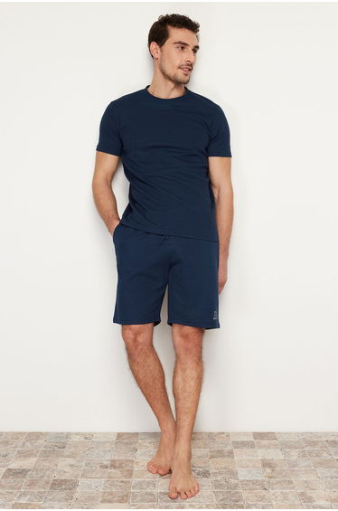 Men's Navy Blue Regular Fit Textured Knitted Pajama Set
