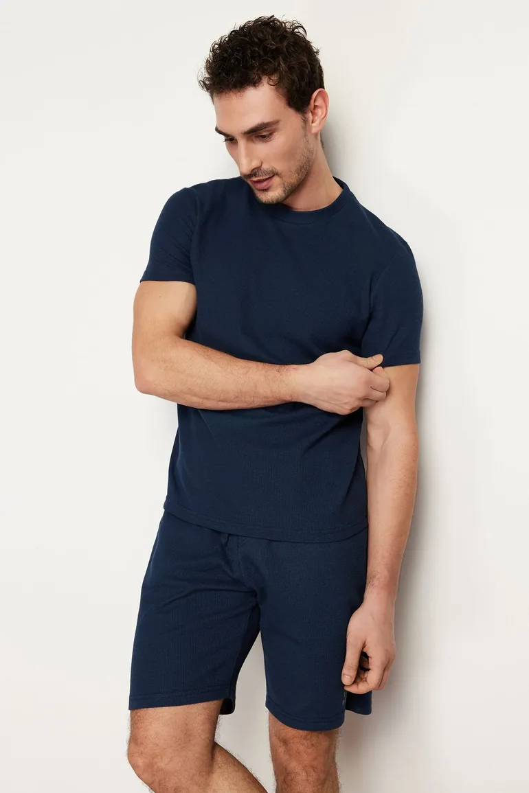 Men's Navy Blue Regular Fit Textured Knitted Pajama Set - 2
