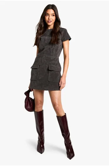 فستان قصير شمواة بأكمام كاب - رمادي 