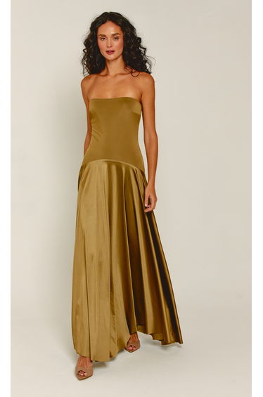 Olive Curved Drop Waist Bandeau Maxi Dress
