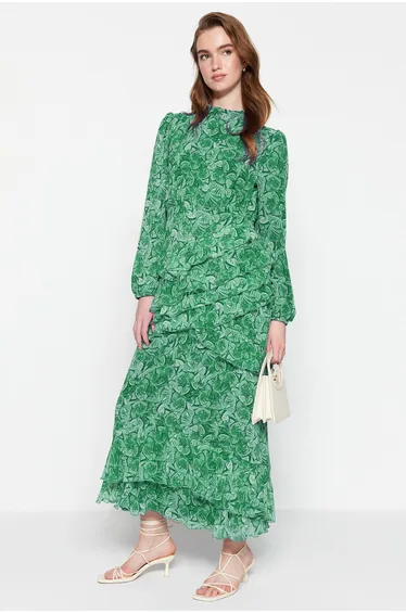 Khaki Floral Skirt Frilly Lined Woven Chiffon Dress