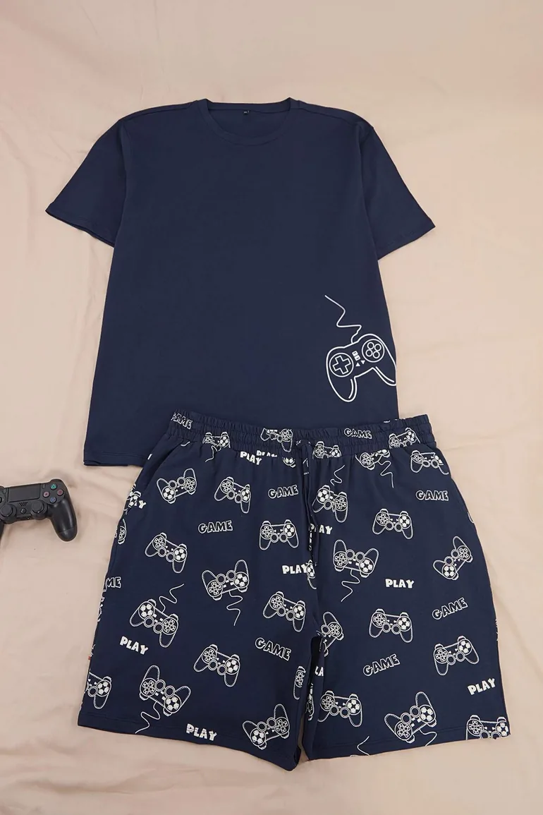 Lacivert Regular Printed Homewear Large Size Pajama Set - 1