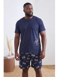 Lacivert Regular Printed Homewear Large Size Pajama Set - 4