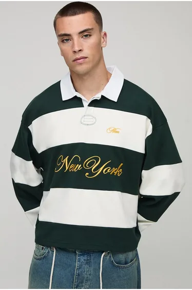 Oversized Shrunken Boxy New York Embroidered Stripe Rugby Polo - forest