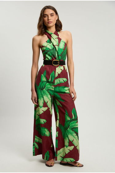 Viscose Linen Palm Tree Belted Halterneck Woven Jumpsuit
