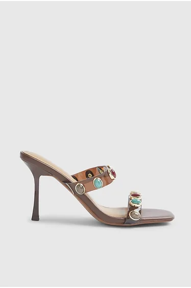 Brown Perspex Gem Heeled Mules