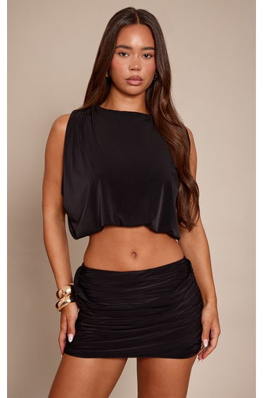 Black Double Layer Slinky Drape Ruched Cape Top