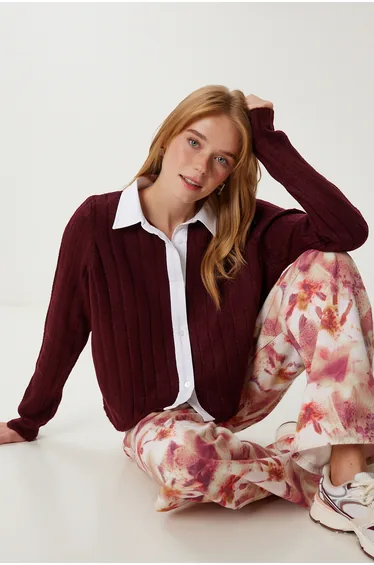 Women's Burgundy Shirt Collar Contrast Knitwear Cardigan