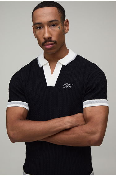 MAN Boxy Cable Embroidered Knitted Polo - black