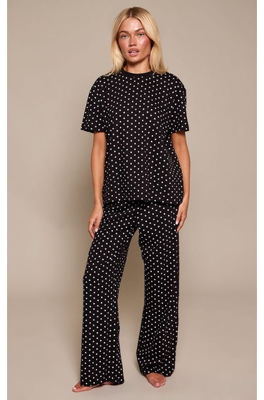 Black Polka Dot Print Boxy Pyjama Top & Trousers