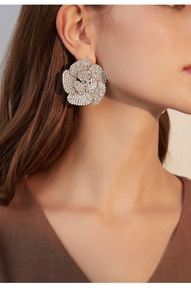 Full Rhinestone 3D Flower Stud Earrings for Banquet Dinner & Evening Party