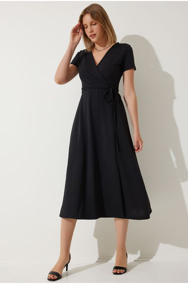 Women's Black V-Neck Wrap Midaxi Knitted Dress