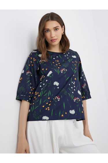 Women Navy Blue Floral Print Top