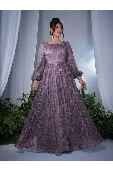 Leely Plus Women's Elegant Round Neck Bishop Sleeve Party Dresses