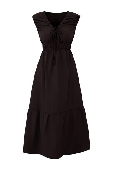 Brown Ruched Midi Woven Dress