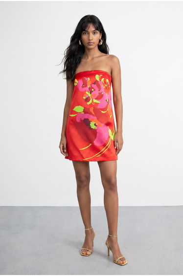 Satin Strapless Placement Floral Print Mini Dress