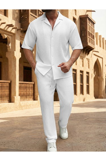 Men Textured Short Sleeve Shirt and Drawstring Pants Co-Ords