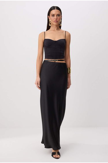 Black Plain Midi Woven Satin Skirt