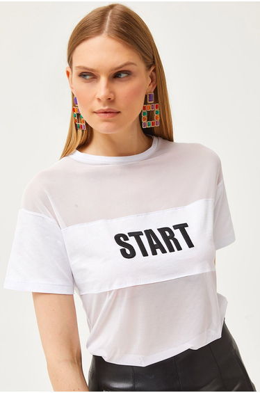 Women's White Tulle Garnished Embroidered T-Shirt