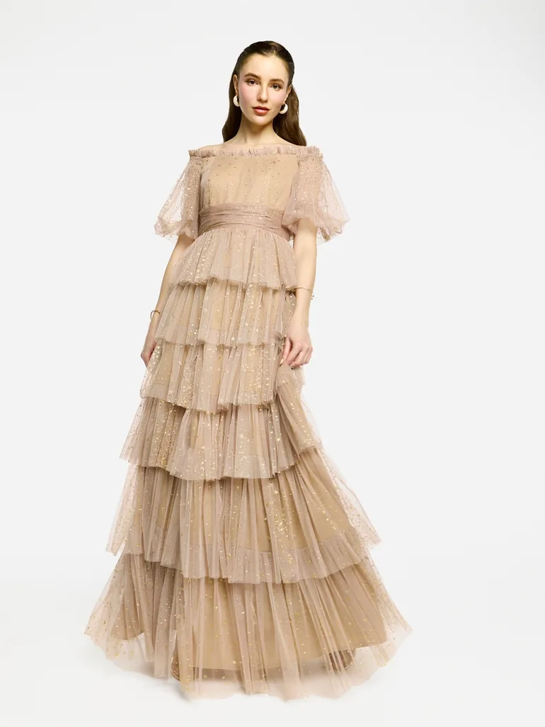 Ruffle Detail Off Shoulder Tulle Maxi Dress