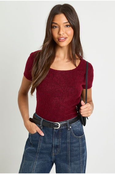 Textured Knit Crew Neck Knitted Top - burgundy