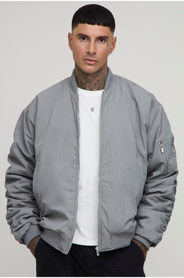 Tall Peached Embroidered MA1 Bomber Jacket - grey