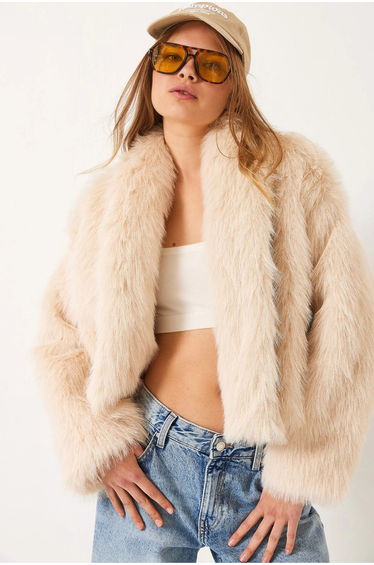 LUCCI Patterned Plush Faux-Fur Coat with Shawl Collar