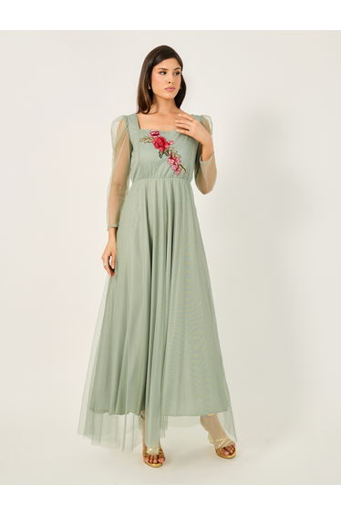 Embroidered Detail Square Neck A-Line Maxi Dress