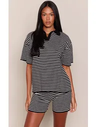 Tall Black Stripe Knitted Oversized Collared Top - 1