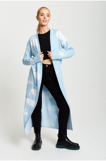Women's Longline Cardigan in Light Blue with Cloud Pattern and Open Front Design