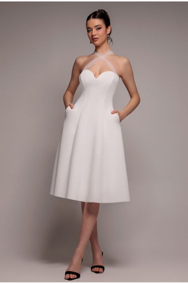 Scuba & Polka Mesh Bella Bow Multiway A-Line Midi Dress - White by Goddiva