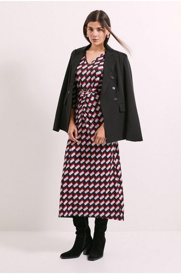 Red Printed Ruched Front Trim Detail Midi Dress