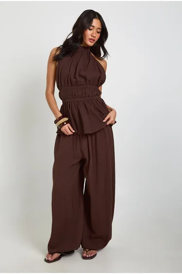 Cheesecloth Balloon Leg Trousers - chocolate