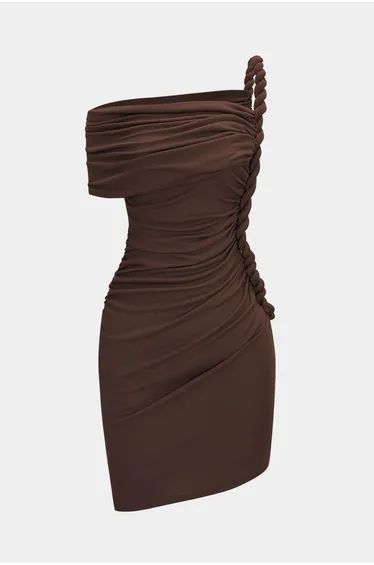 Ruched Twist Knot One Shoulder Short Sleeve Mini Dress